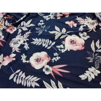 Granatowa elastyczna dzianina Jersey - pudrowe kwiaty - kupon 2,40m